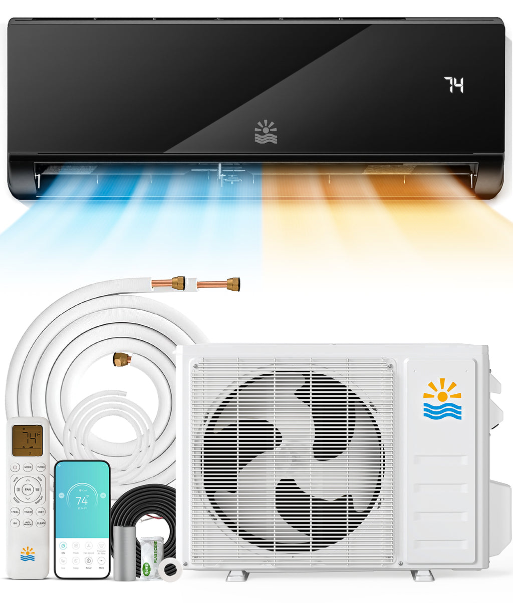 Air conditioning unit with components and remote control on a white background