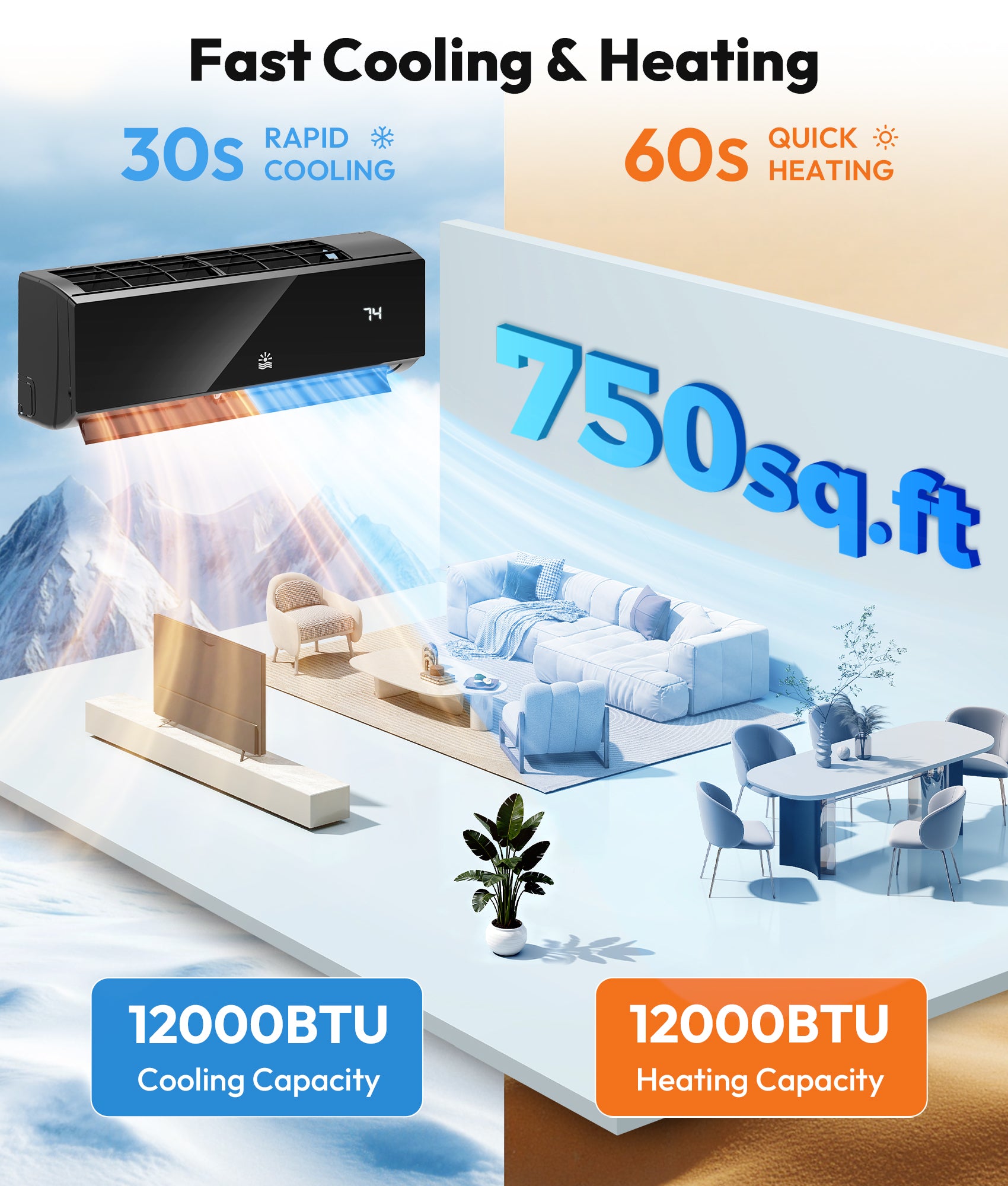 Air conditioner with cooling and heating capabilities displayed in a living room setting.