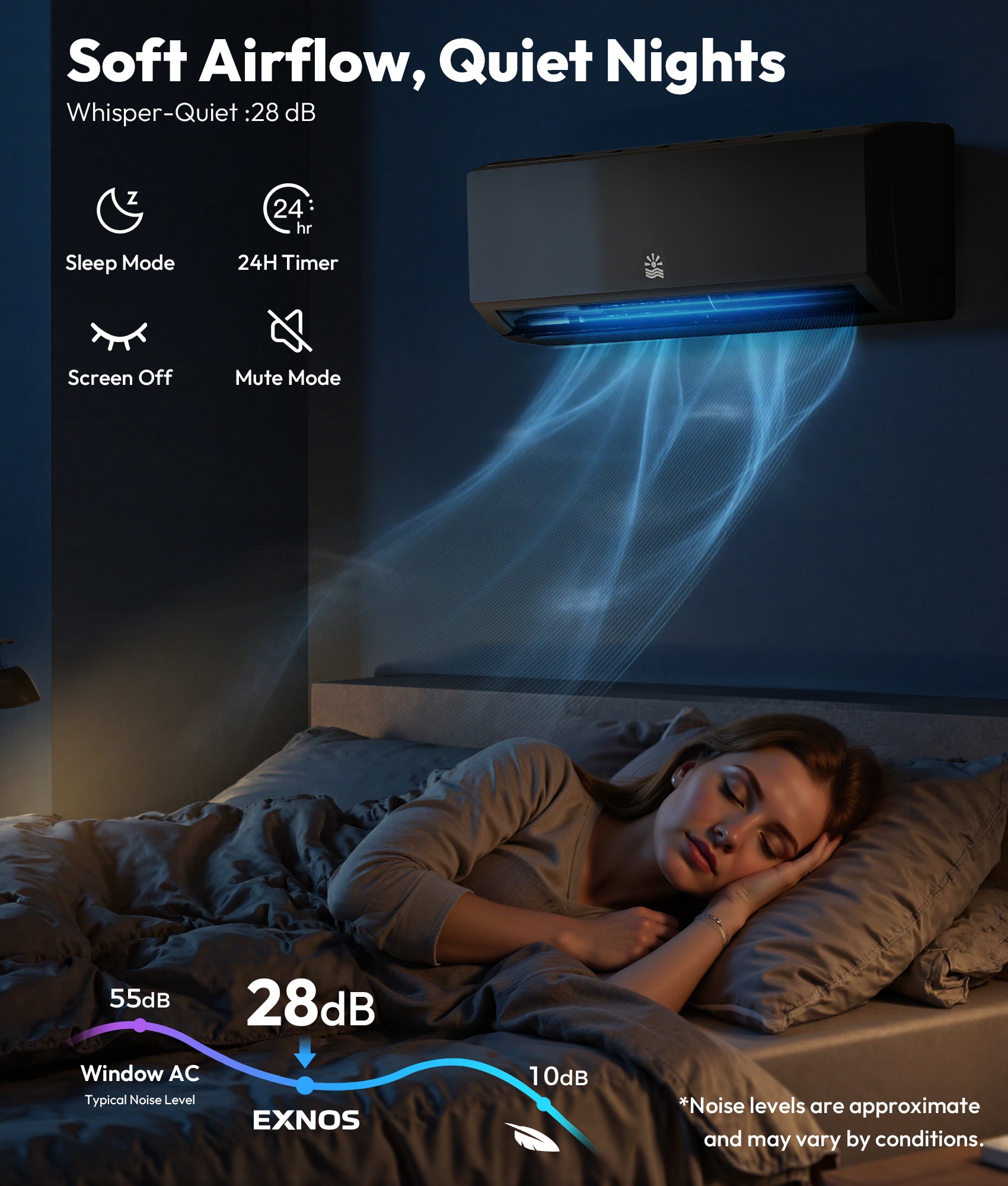 Air conditioner with soft airflow and quiet nights feature, shown in a bedroom setting.