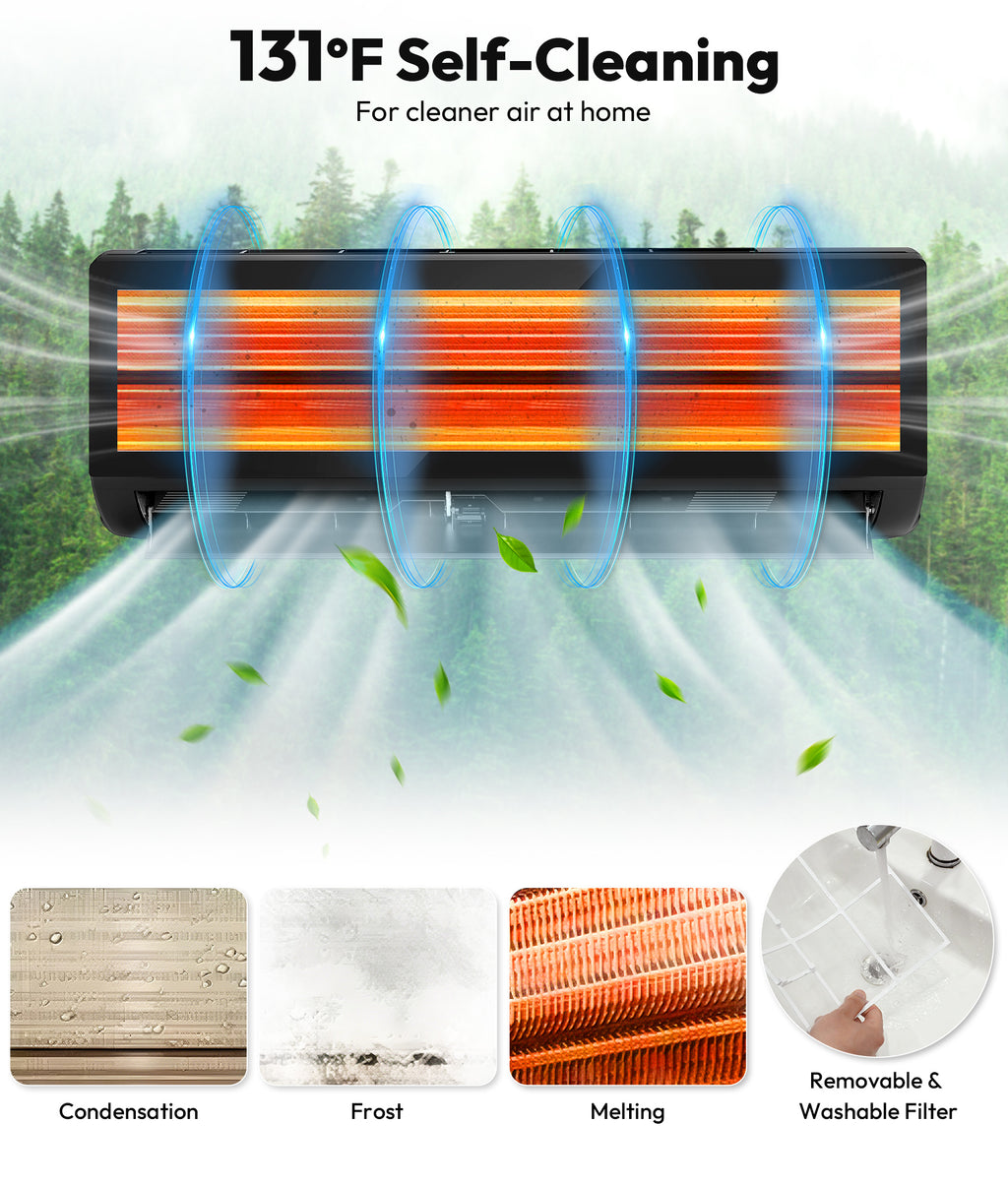 Air conditioner with self-cleaning feature and air purification benefits on a natural background.