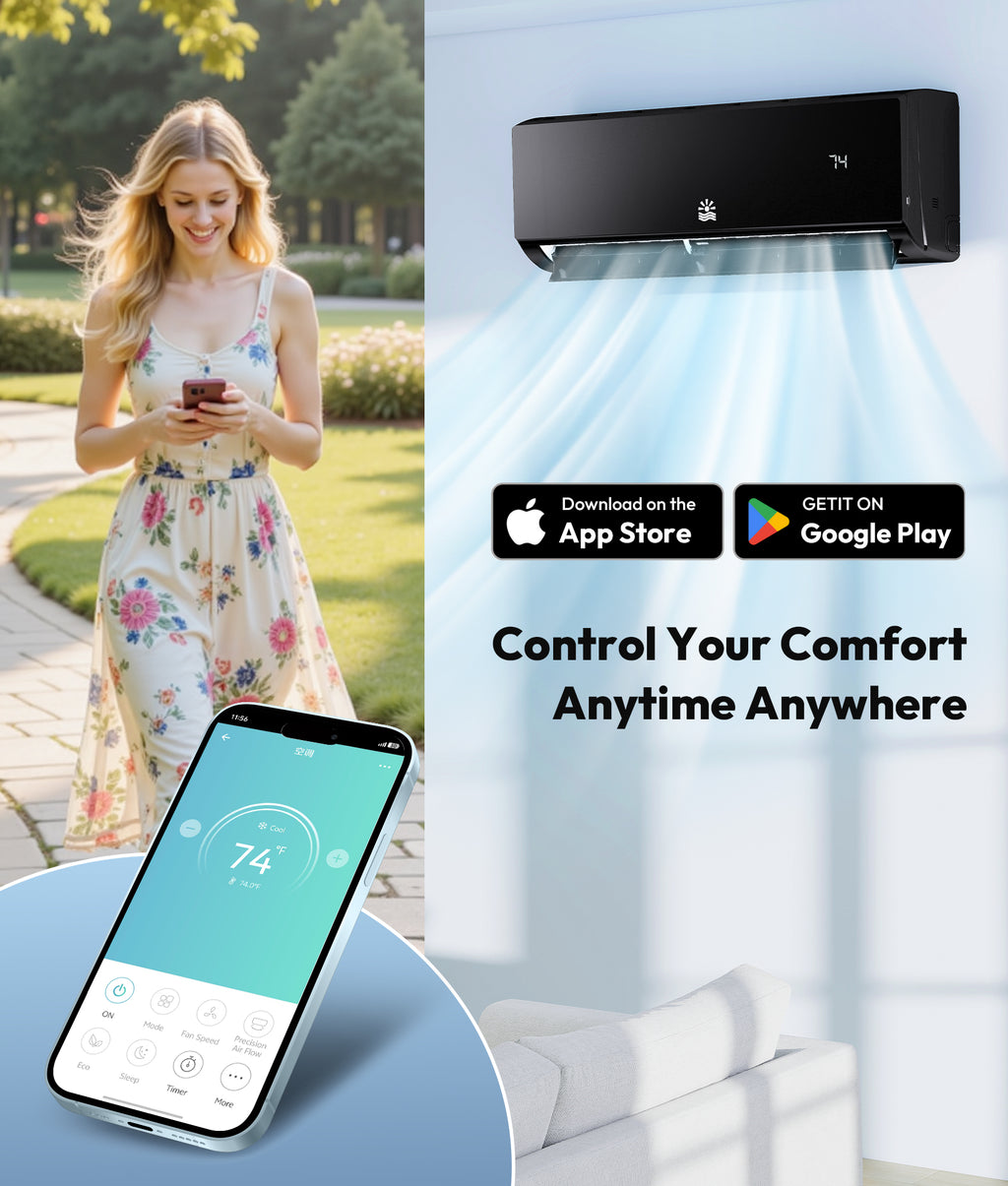 Woman using smartphone with air conditioner and app interface on screen, outdoor and indoor views.