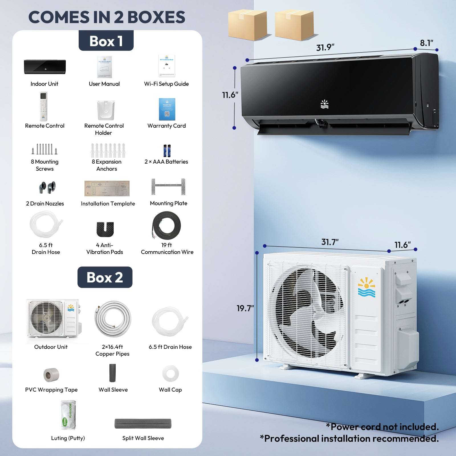 Air conditioning system packaging with components listed on a blue background