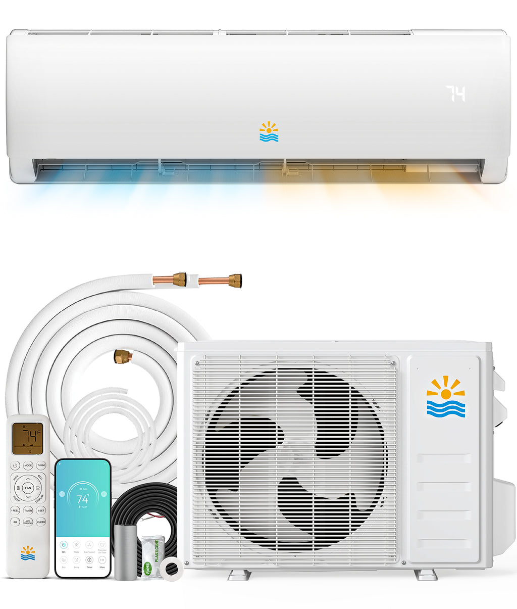 Split air conditioner with outdoor unit and remote control on a white background