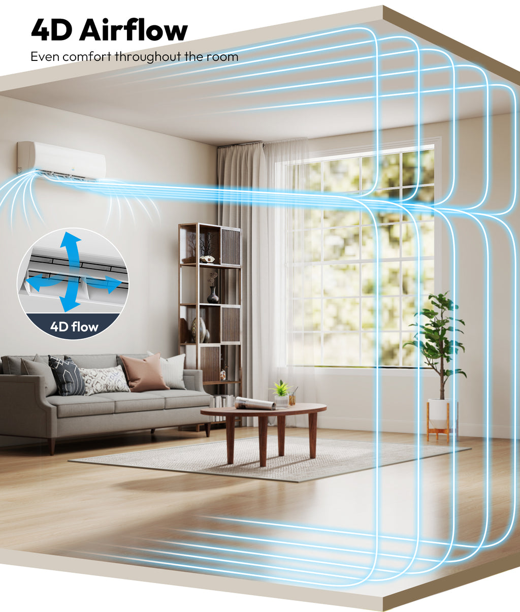 Living room with 4D airflow visualization showing even comfort throughout the room.