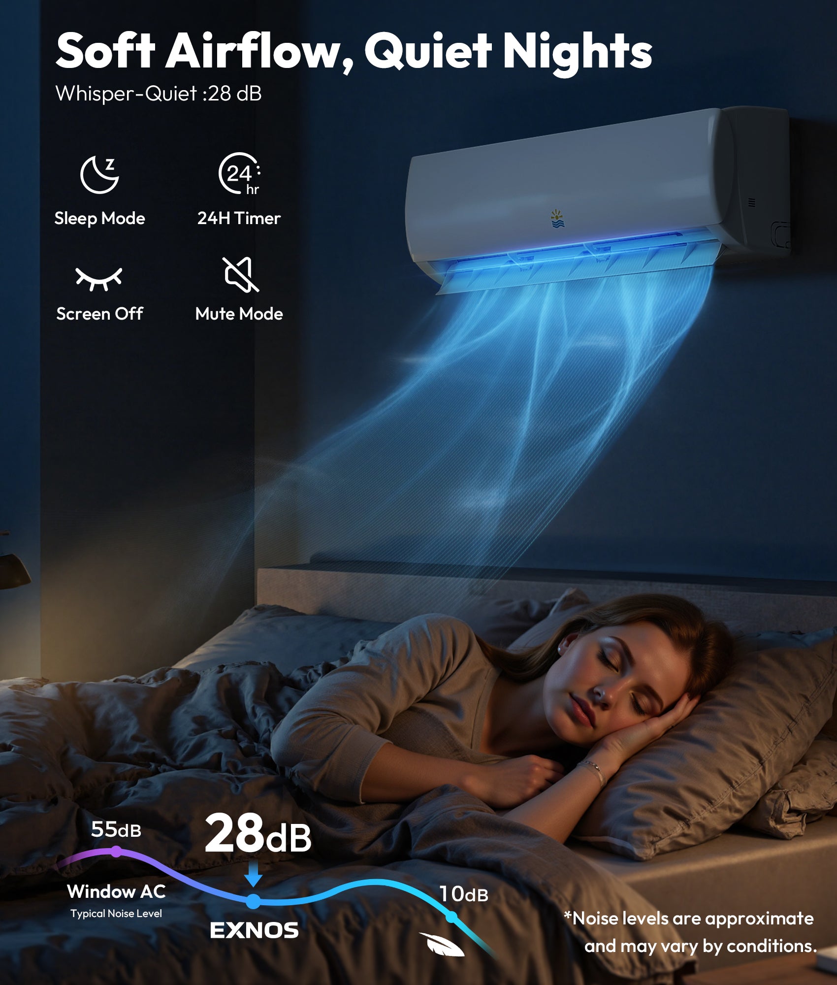 Exnos air conditioner with soft airflow and quiet nights feature, shown in a bedroom setting.