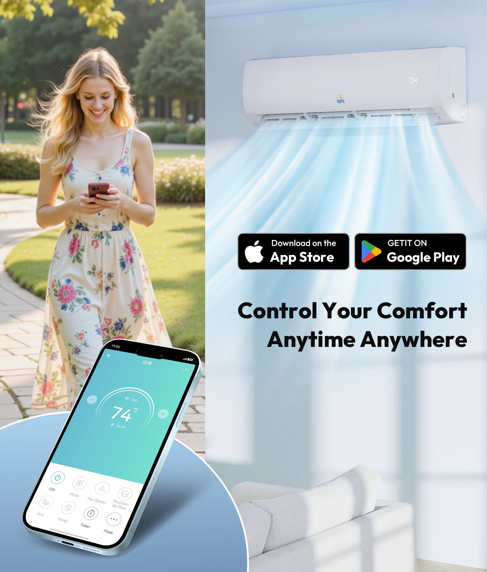 Woman using smartphone with air conditioner and app interface, promoting remote control.