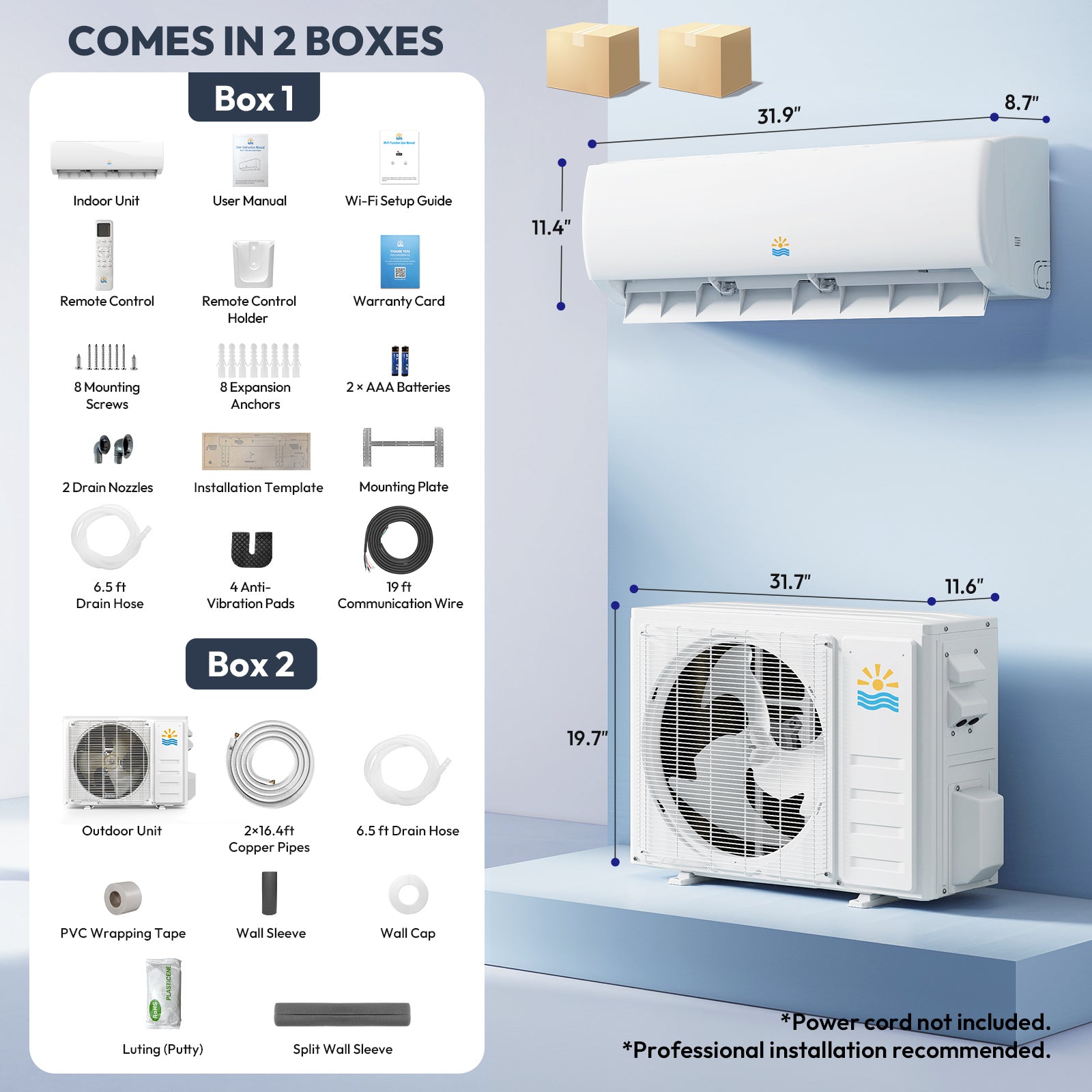 Air conditioning system packaging with components and dimensions on a blue background