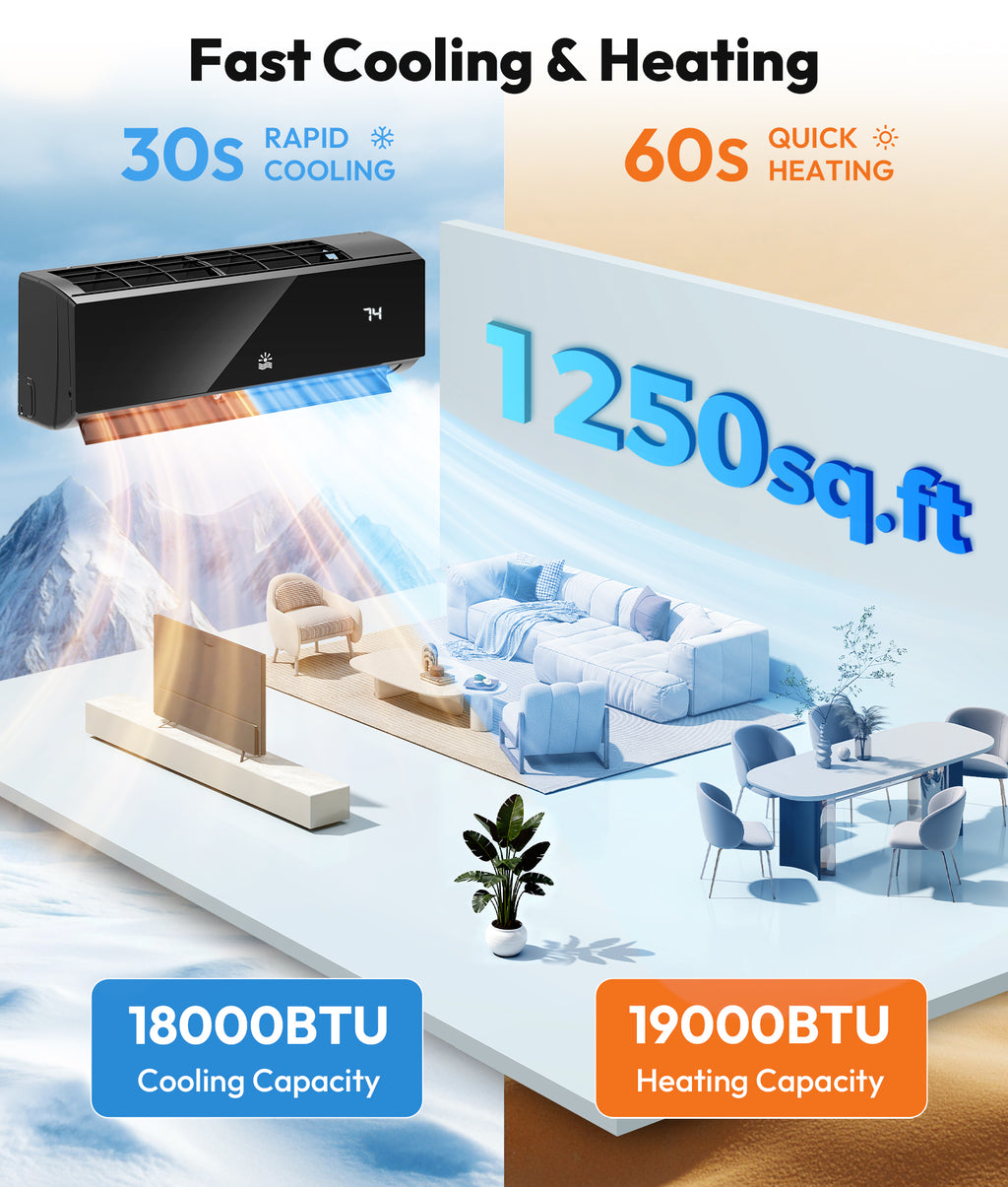 Air conditioner with cooling and heating capabilities displayed in a living room setting.