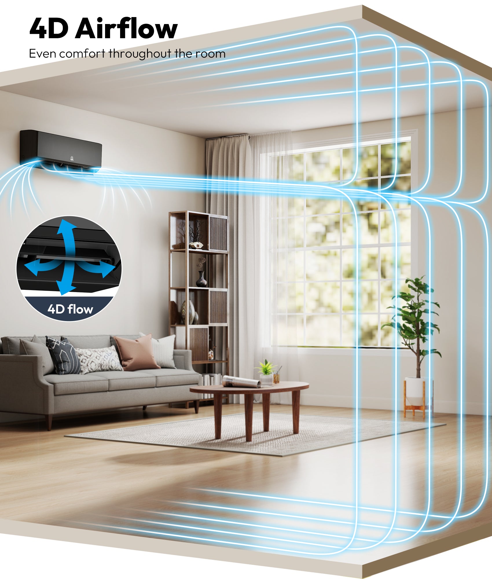 Living room with 4D airflow diagram showing even comfort throughout the room