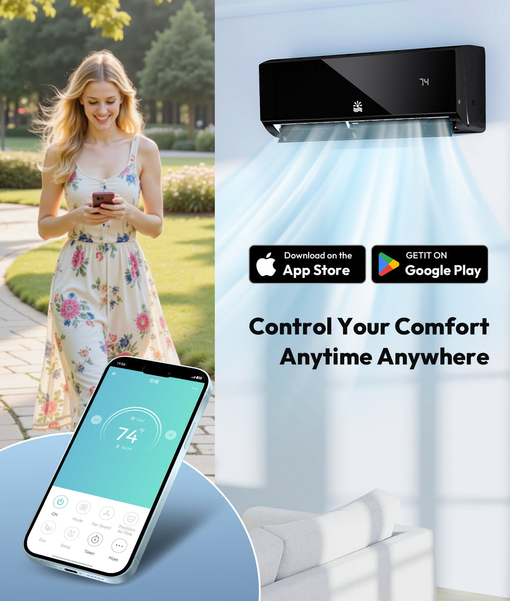 Woman using smartphone with air conditioner and app interface on screen, outdoor and indoor views.