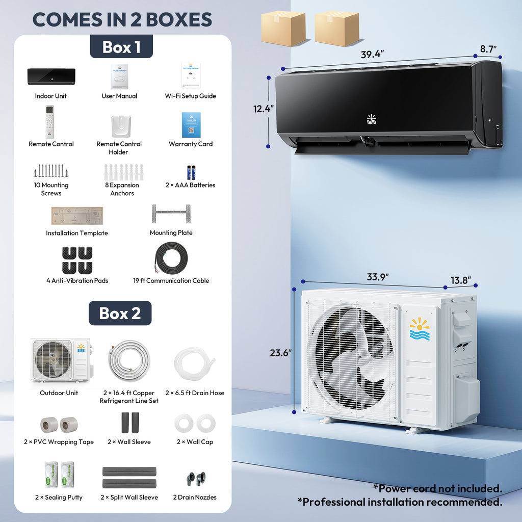 Air conditioning system packaging with components listed on a blue background