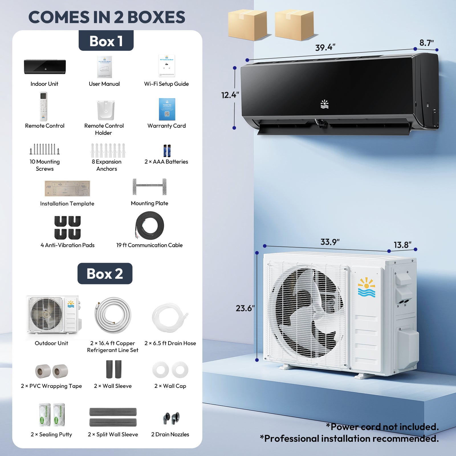 Air conditioning system packaging with components listed on a blue background