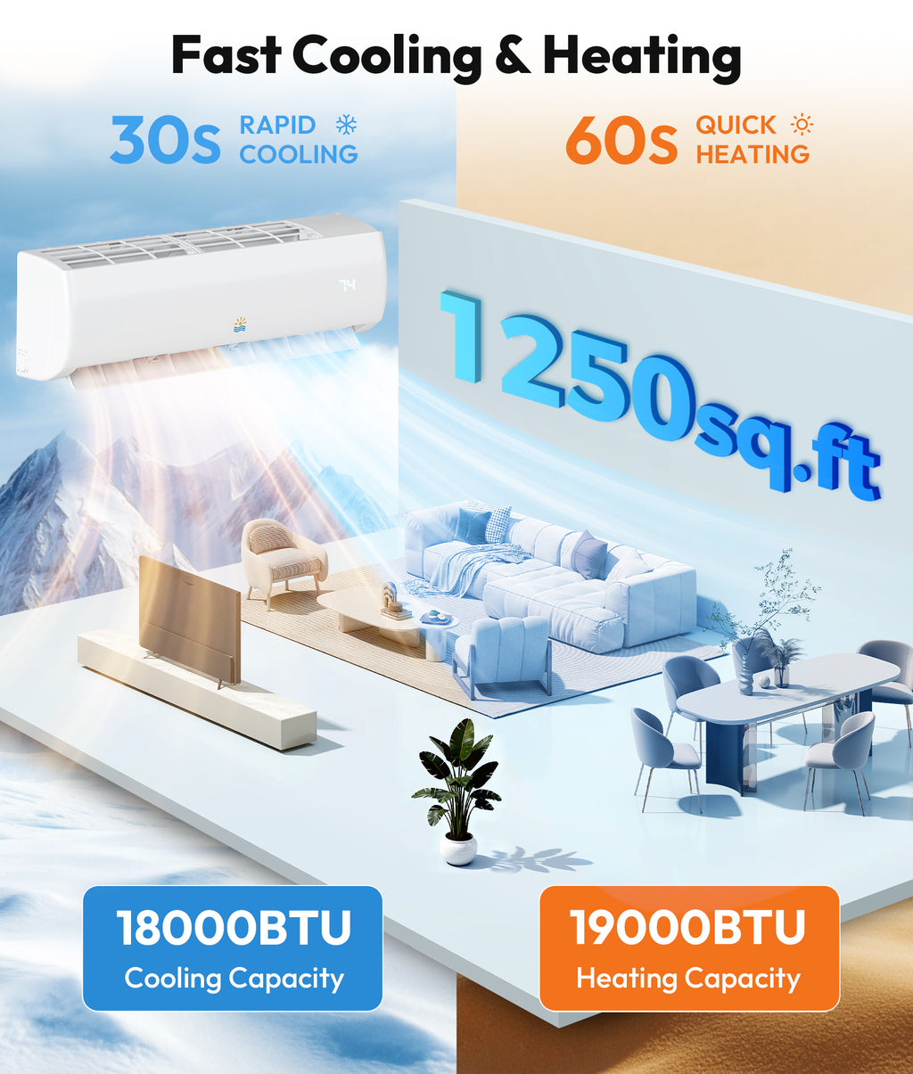 Air conditioner with cooling and heating capabilities displayed in a room setting.