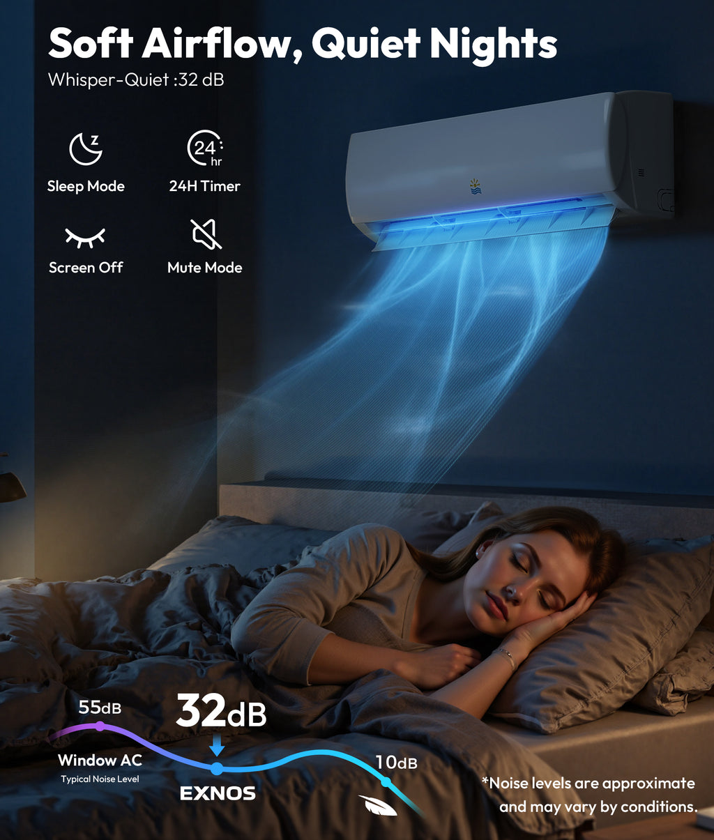 Exnos air conditioner with soft airflow and quiet nights feature, shown in a bedroom setting.
