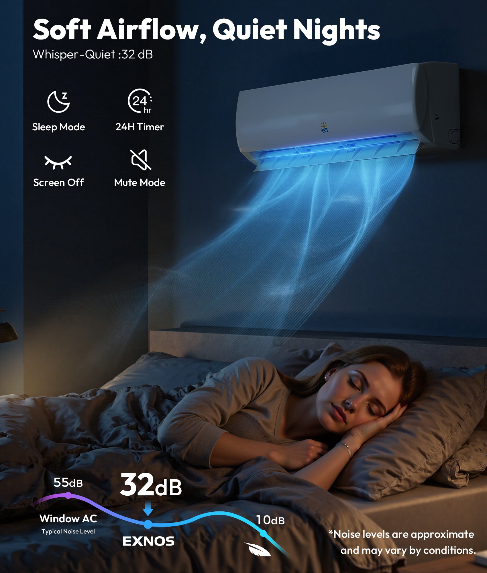 Exnos air conditioner with soft airflow and quiet nights feature, shown in a bedroom setting.