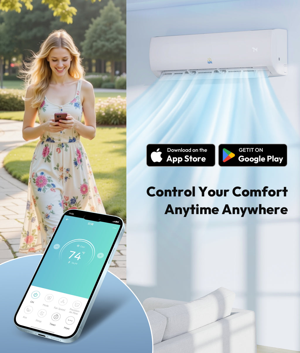 Woman using smartphone with air conditioner and app interface, promoting remote control.
