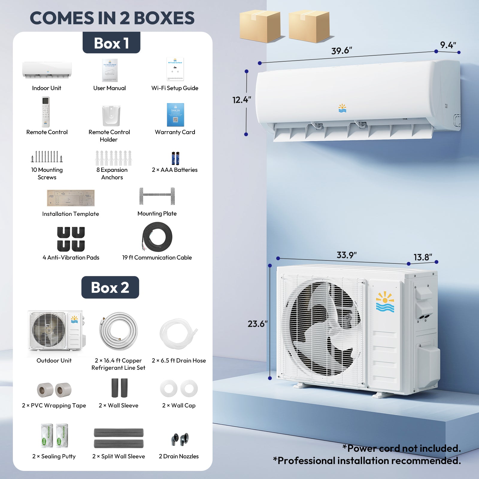 Air conditioning system packaging with components and dimensions on a blue background