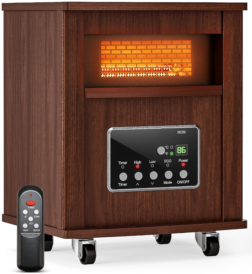 Infrared Space Heater for Indoor Use - 1500W Portable Box Heater with Wood Cabinet, Remote Control & 12H Timer, Quiet Electric Heater with Safety Protection for Bedroom Living Room Office