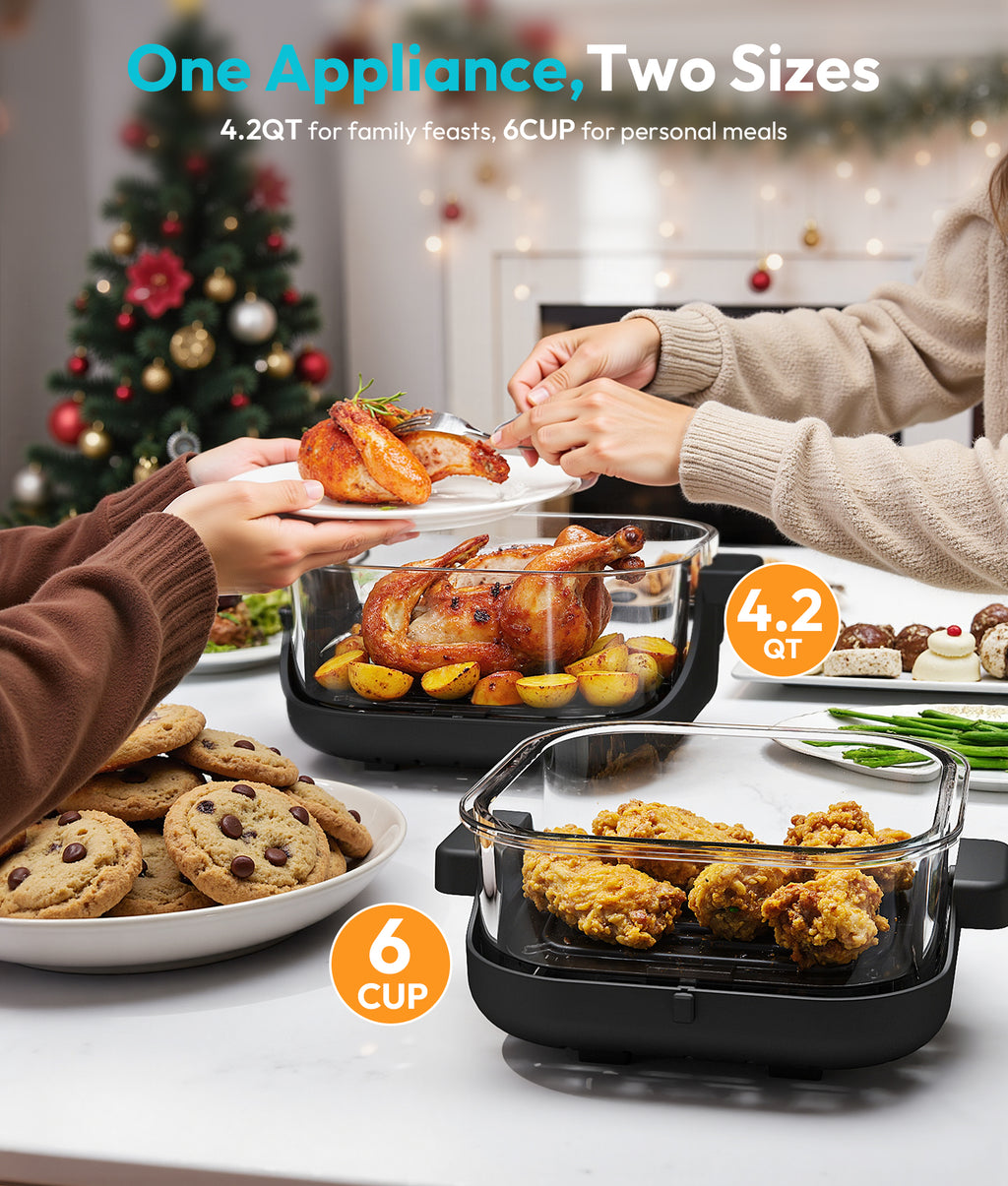 4-in-1 Portable Glass Air Fryer with Dual Containers (6-Cup & 4.2QT) #PASCE0241