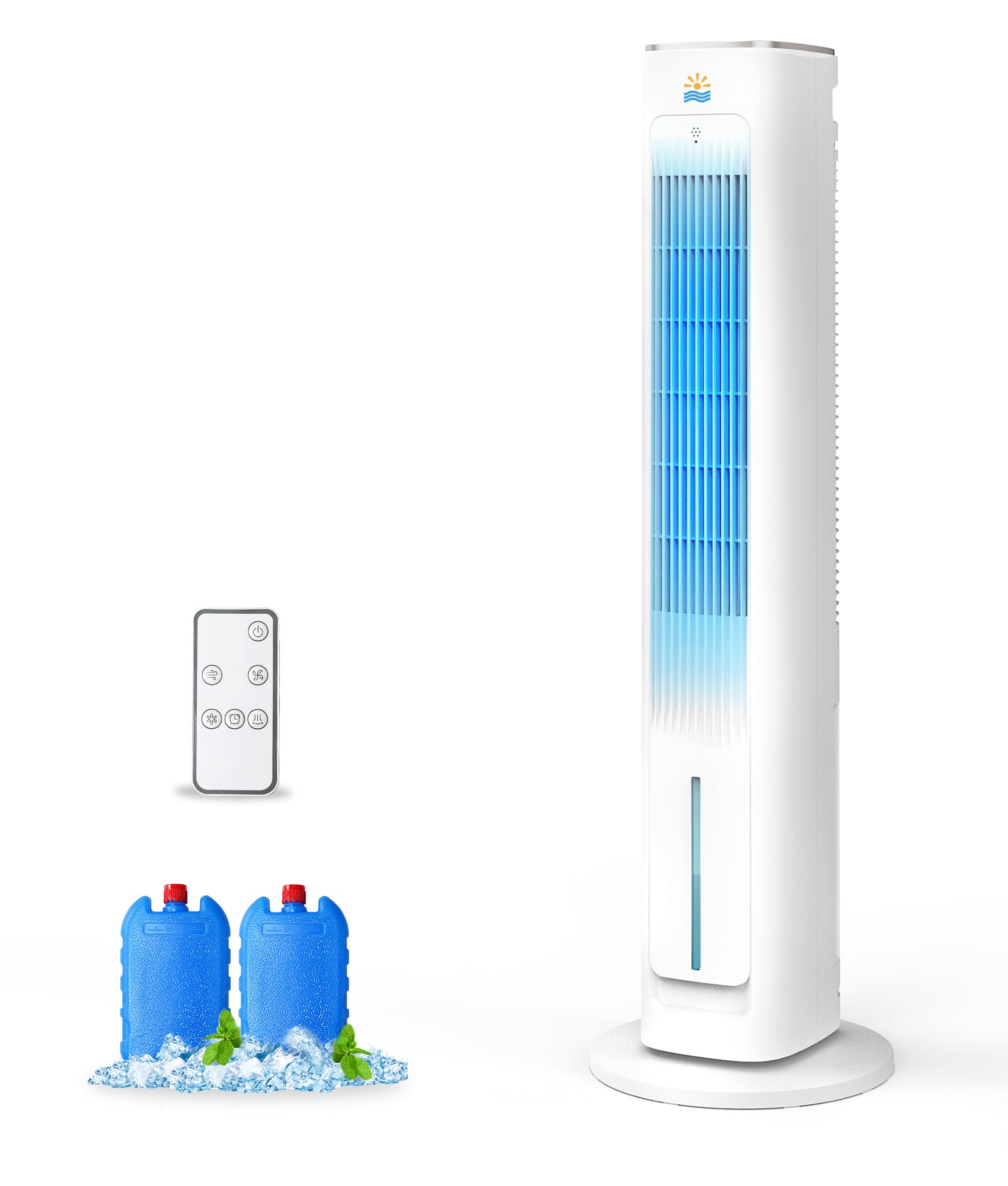 Tower fan with water bottles and remote control on a white background