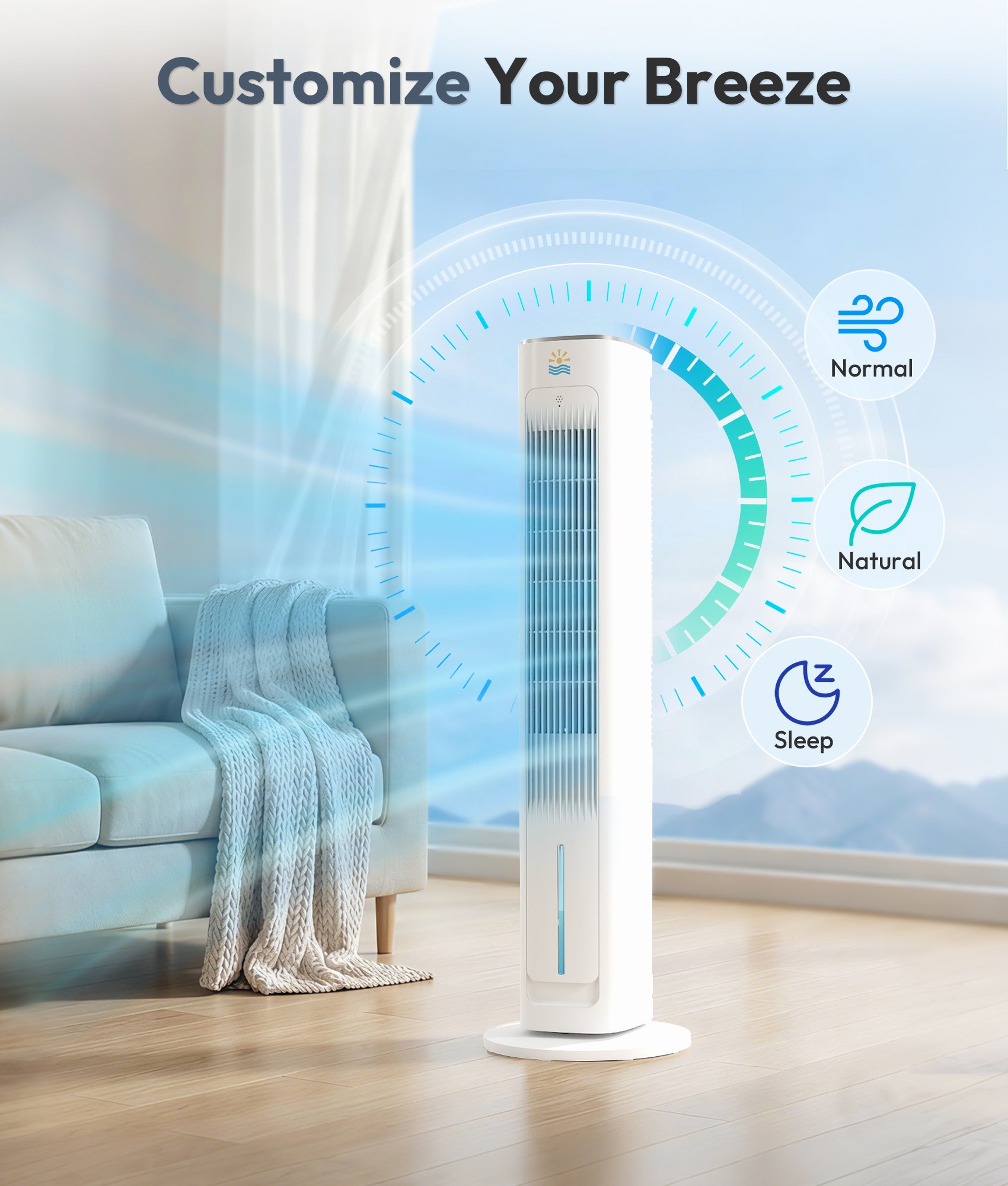 Tall white tower fan in a room with a couch and curtains, featuring customizable breeze options.
