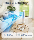 Living room with a fan labeled '22ft/s' and 'Rapid Cool. Real Relief', showing a 50-degree angle.