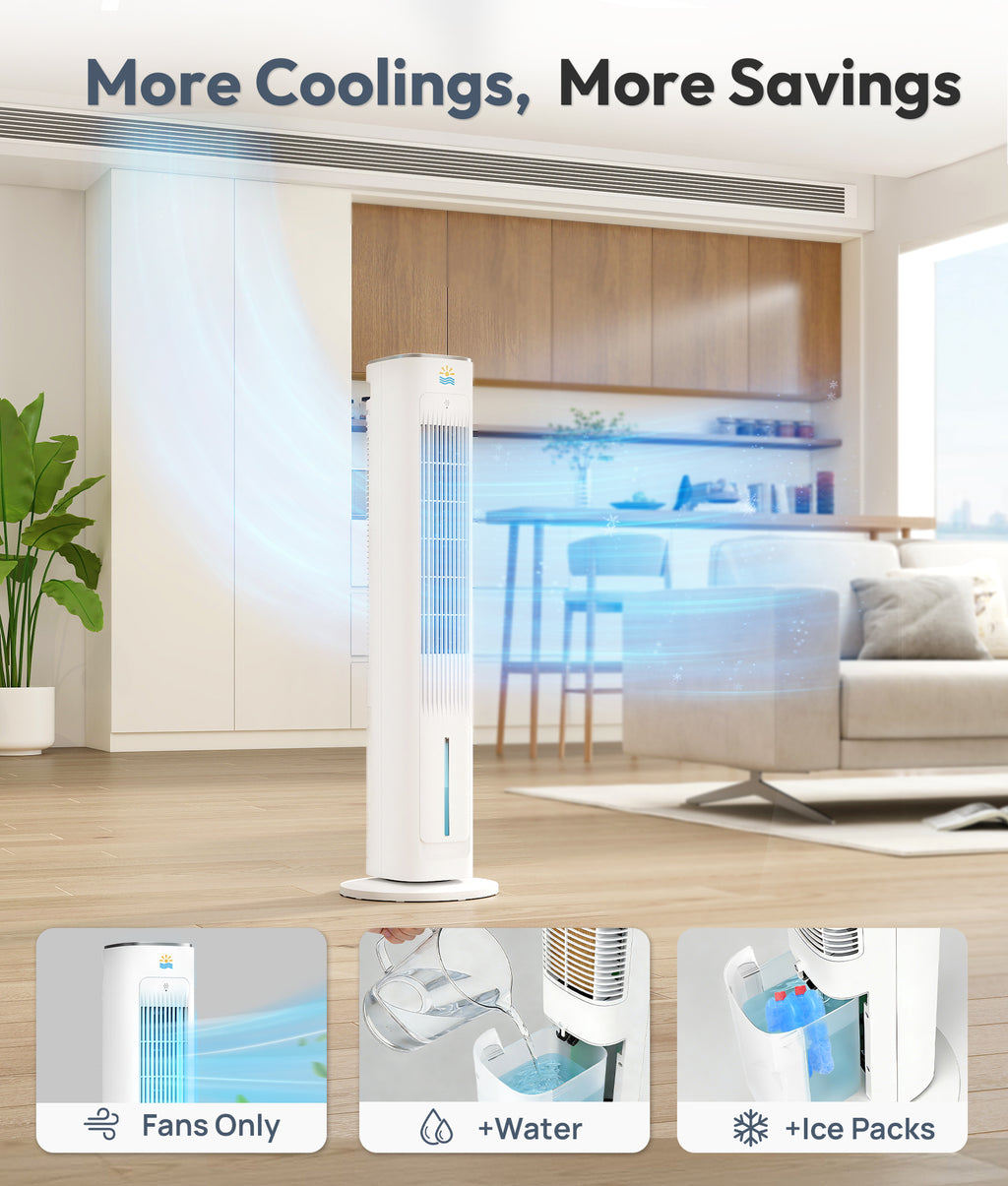 Air cooler in a modern living room with text 'More Coolings, More Savings'.