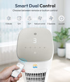 Air conditioner with remote control and control panel features, set against a blurred indoor background.