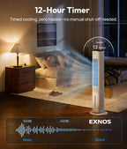 Exnos tower fan in a bedroom with 12-hour timer and noise level display.