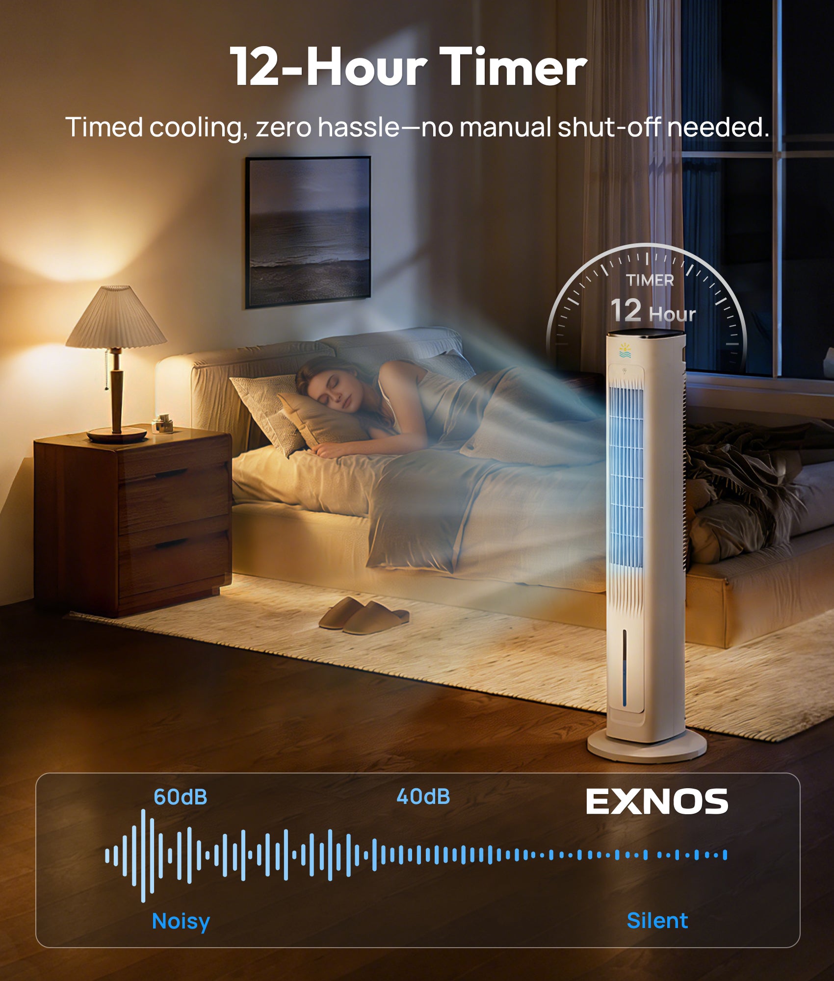 Exnos tower fan in a bedroom with 12-hour timer and noise level display.