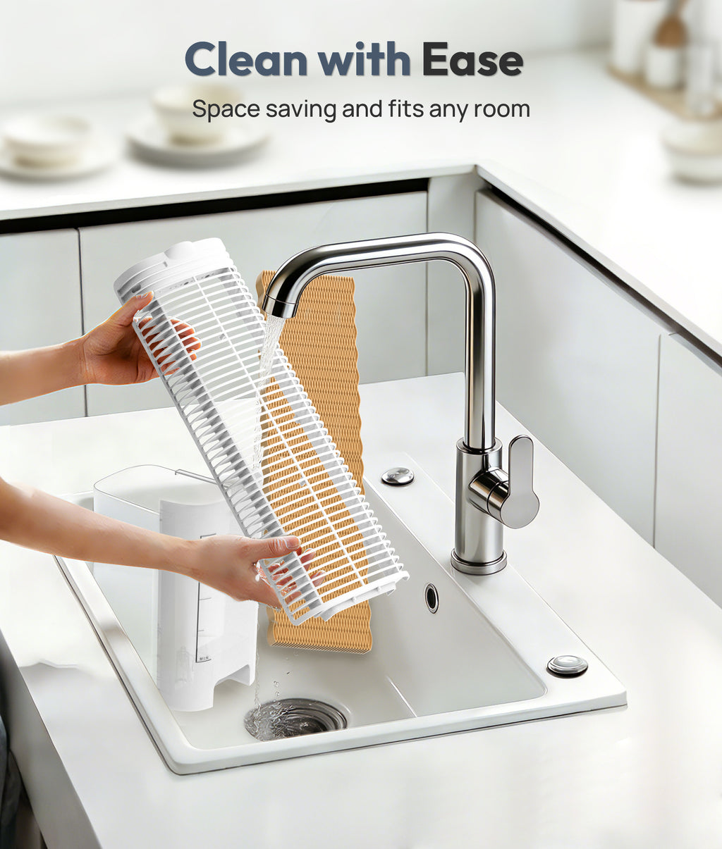 Person using a space-saving kitchen rack over a sink with text 'Clean with Ease' and 'Space saving and fits any room'.