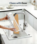 Person using a space-saving kitchen rack over a sink with text 'Clean with Ease' and 'Space saving and fits any room'.