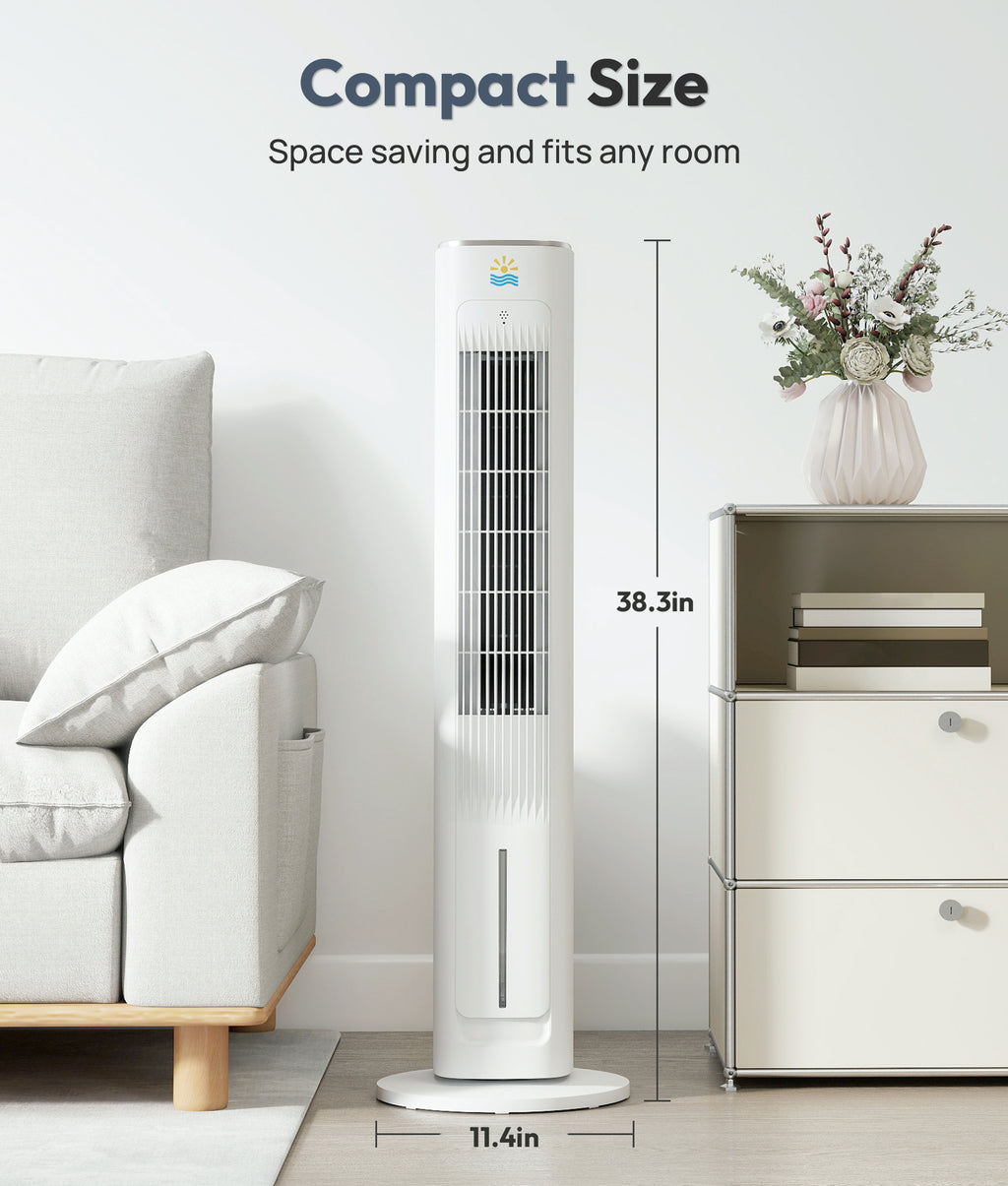 Tall white tower air conditioner in a living room setting with dimensions displayed.