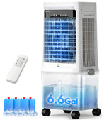 Portable air conditioner with water tank capacity display and remote control on a white background