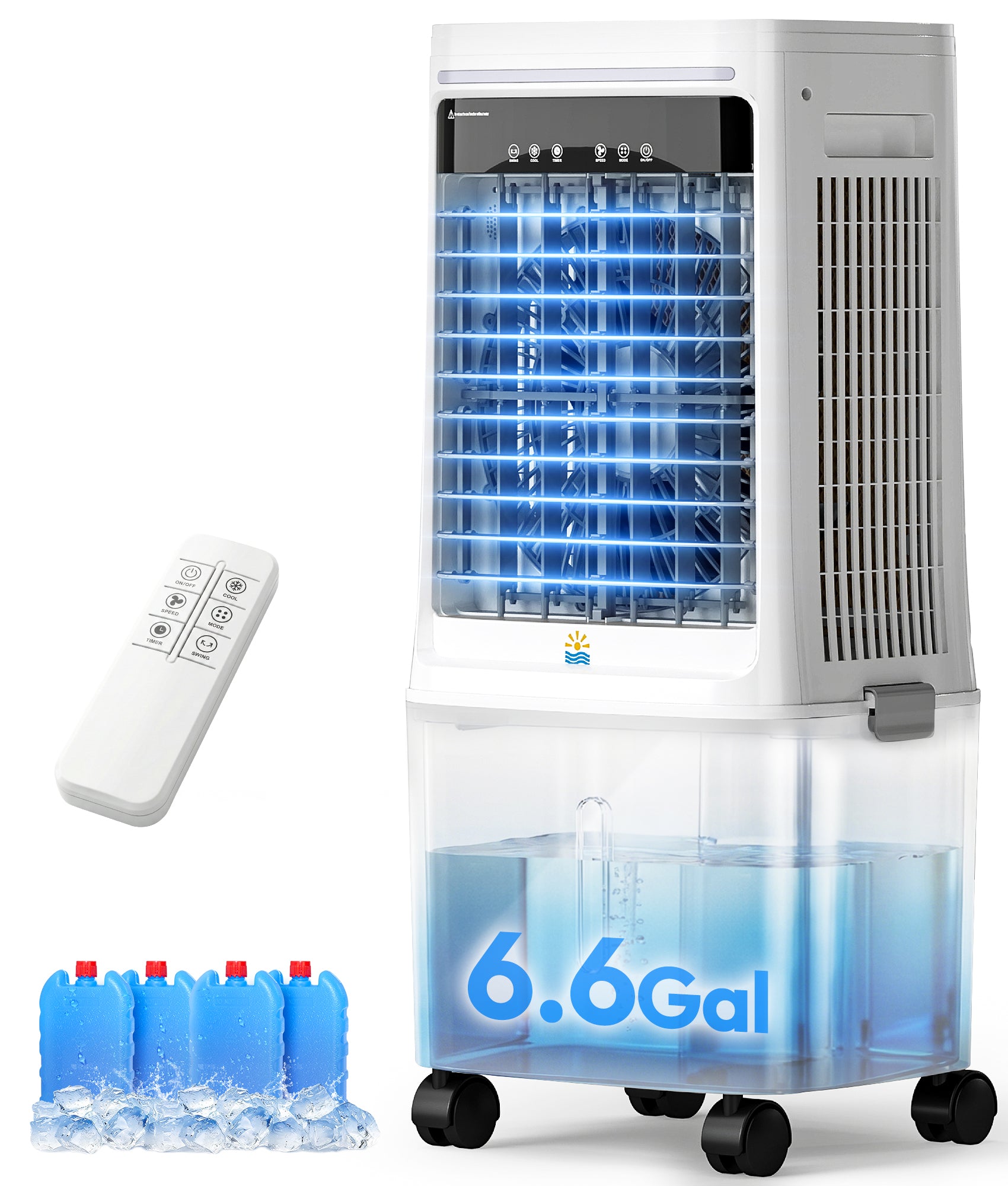 Portable air conditioner with water tank capacity display and remote control on a white background