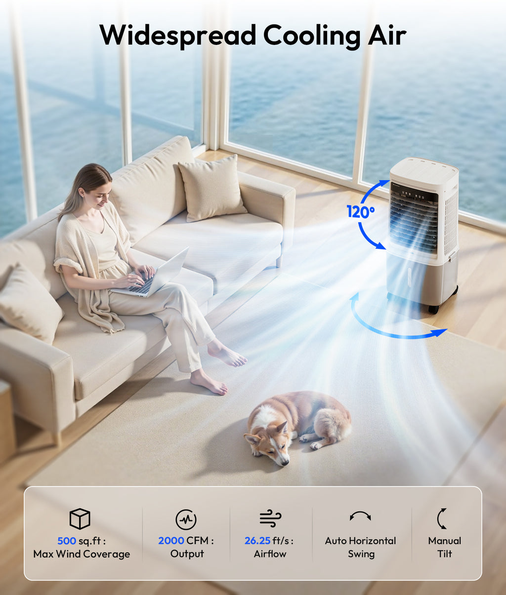 Air conditioner in a living room with a woman and dog, highlighting cooling air features.