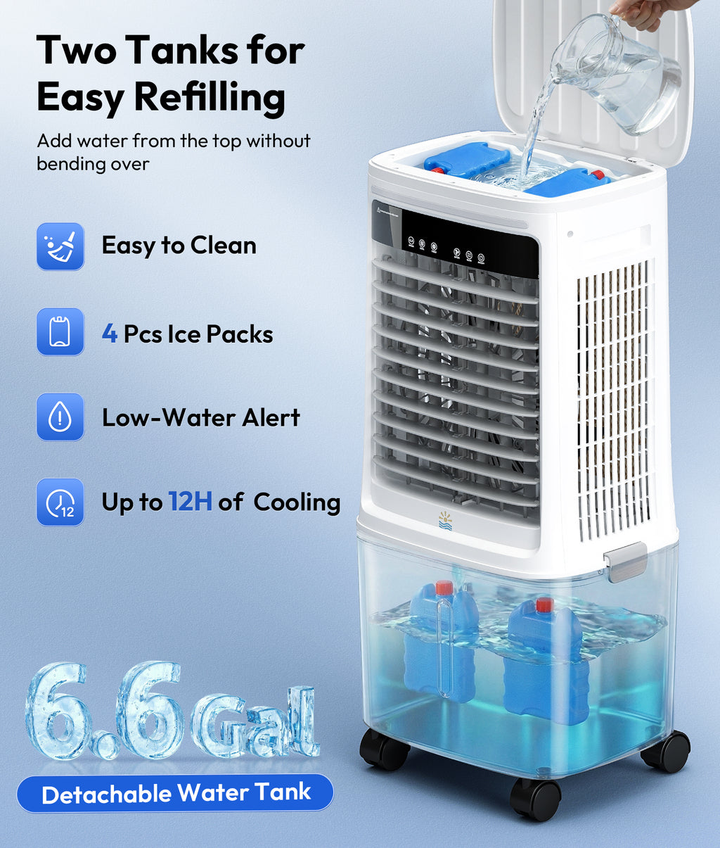 Portable air cooler with water refilling system on a light blue background