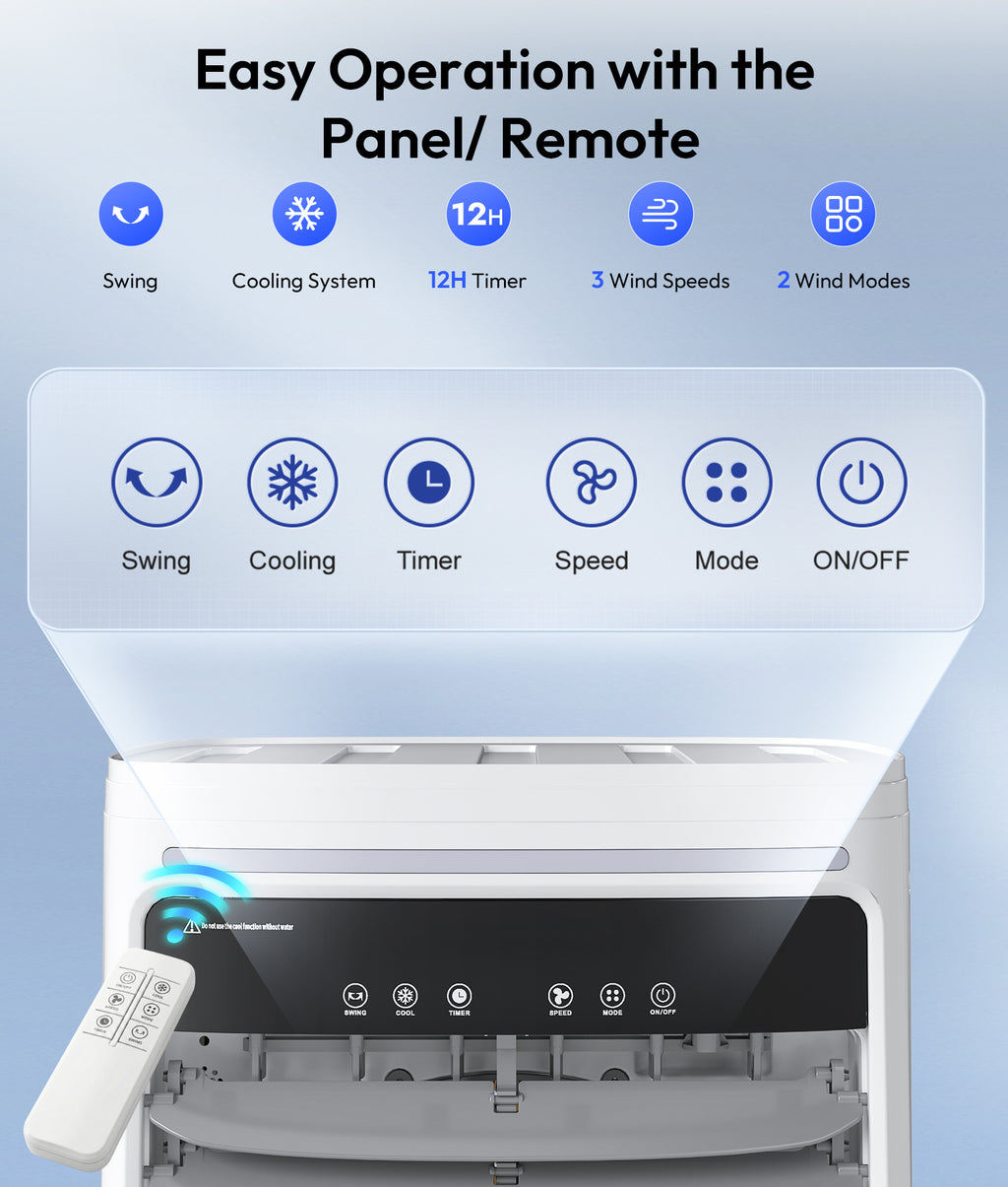 Air conditioner with control panel and remote on a light blue background