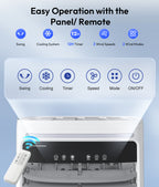 Air conditioner with control panel and remote on a light blue background