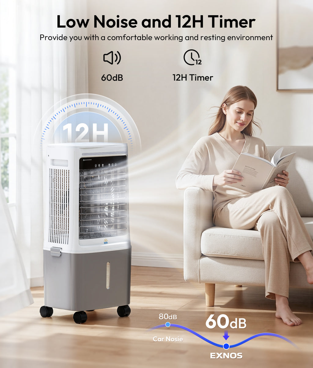 Air cooler with 12-hour timer and low noise feature, woman reading a book in a living room.