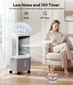 Air cooler with 12-hour timer and low noise feature, woman reading a book in a living room.