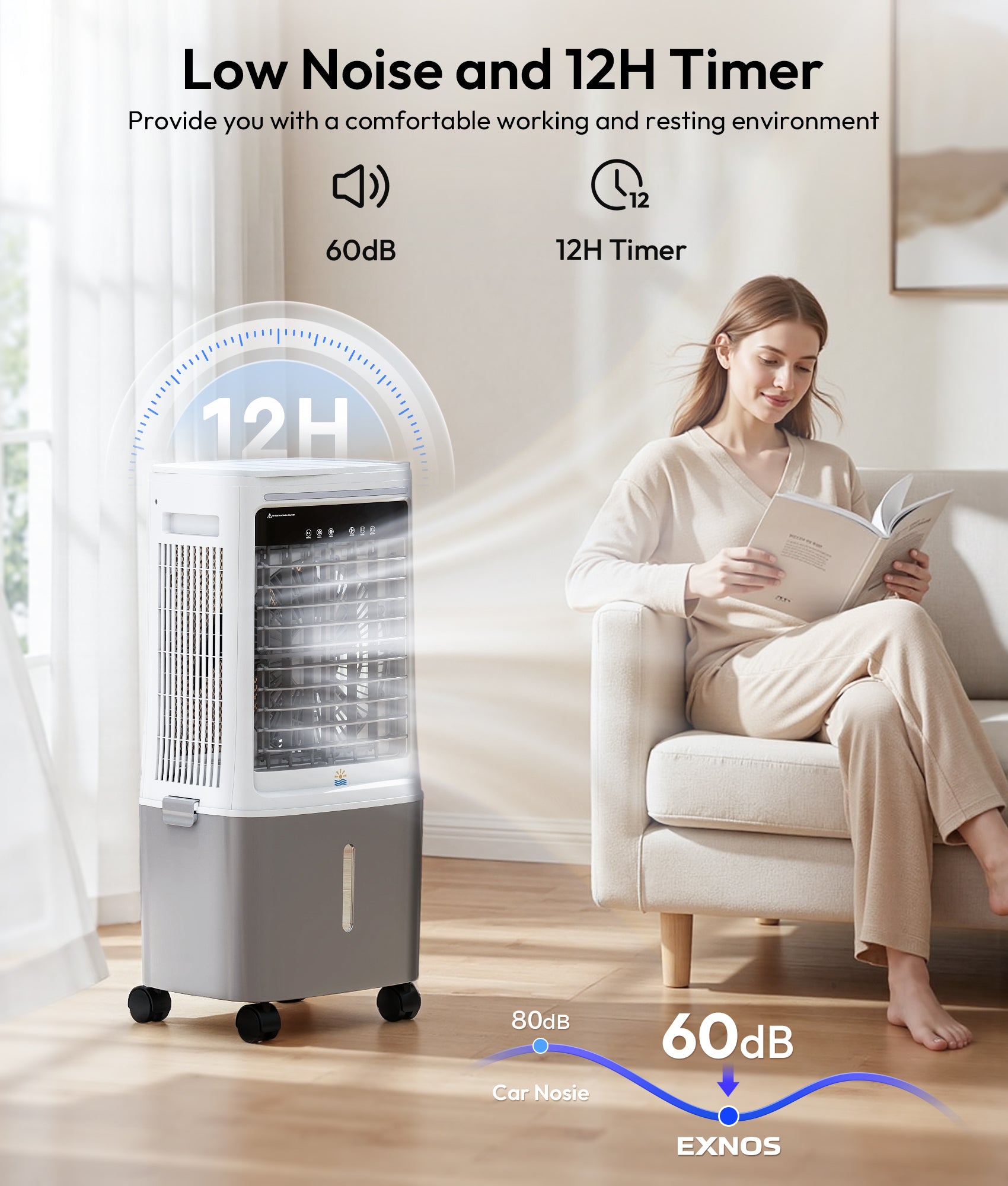 Air cooler with 12-hour timer and low noise feature, woman reading a book in a living room.
