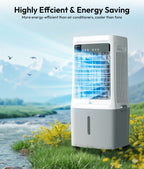 Portable air cooler with scenic background of water and mountains
