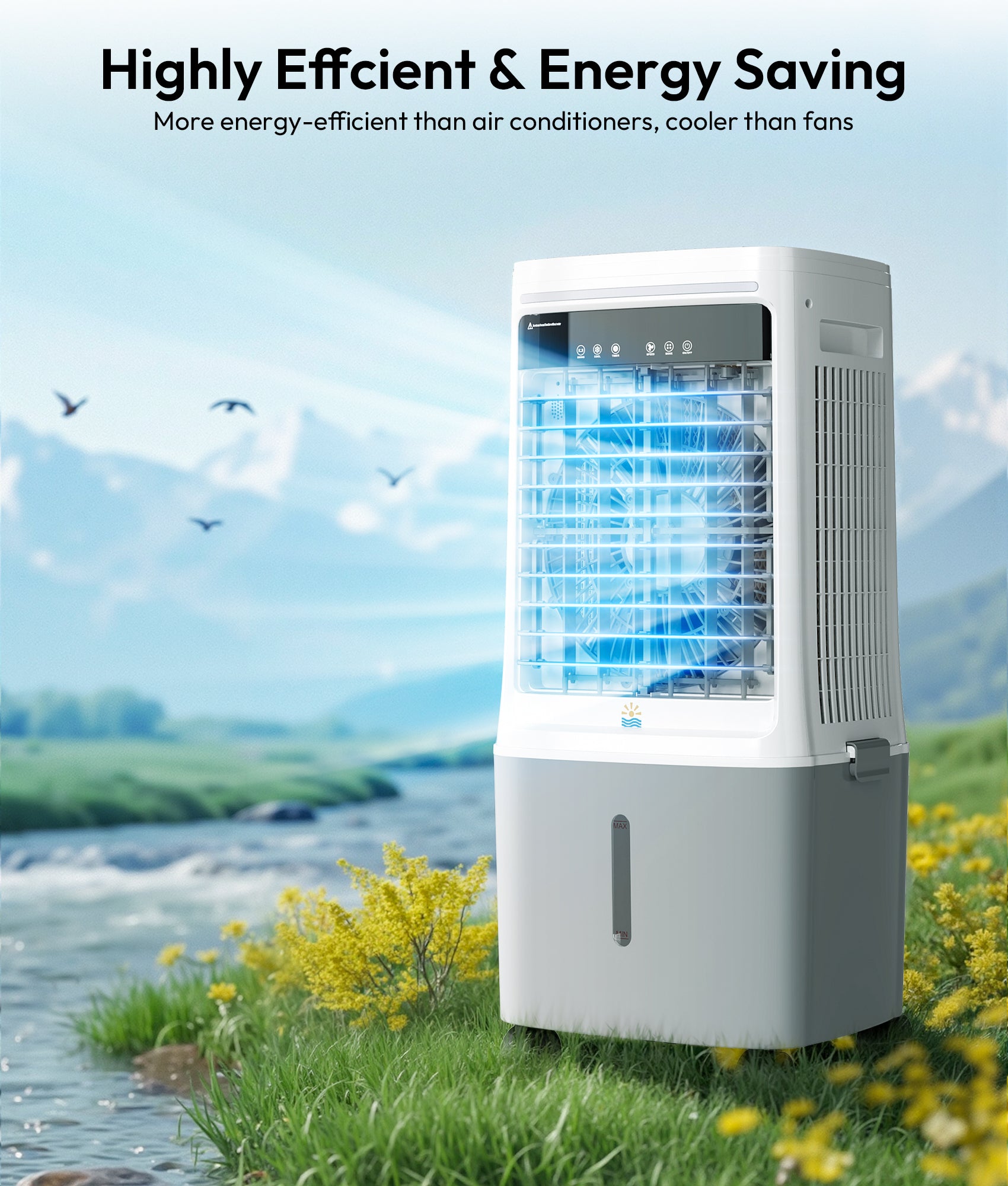 Portable air cooler with scenic background of water and mountains