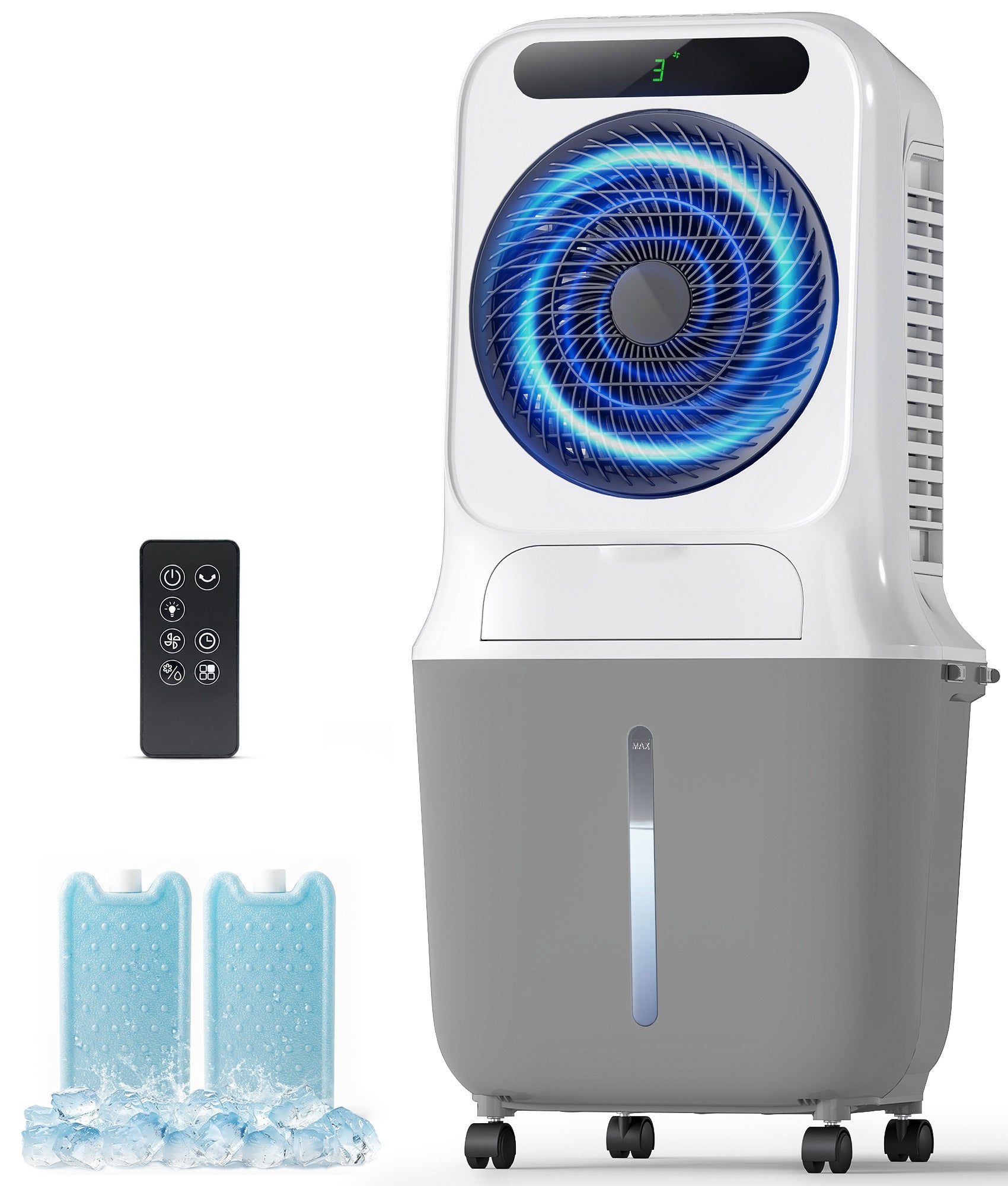 Portable air conditioner with remote control and ice packs on a white background