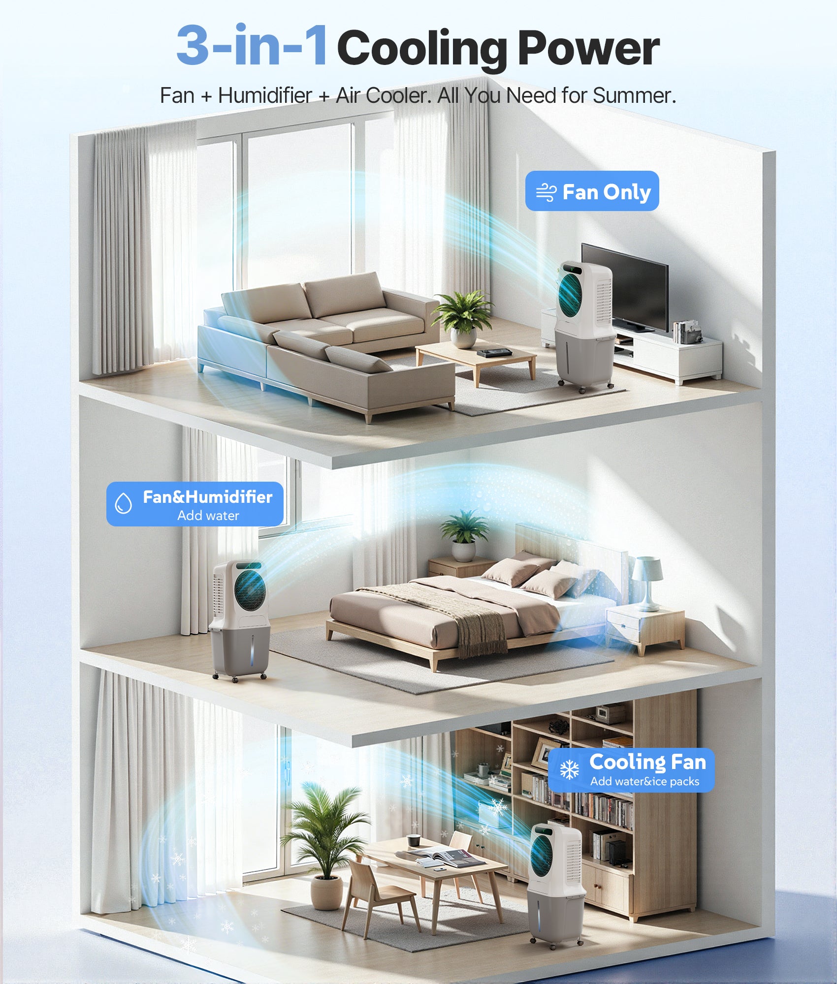 Multifunctional cooling device with fan, humidifier, and air cooler functions in a modern living space.