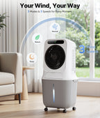 Portable air conditioner with fan in a room setting, showing three modes and speeds.