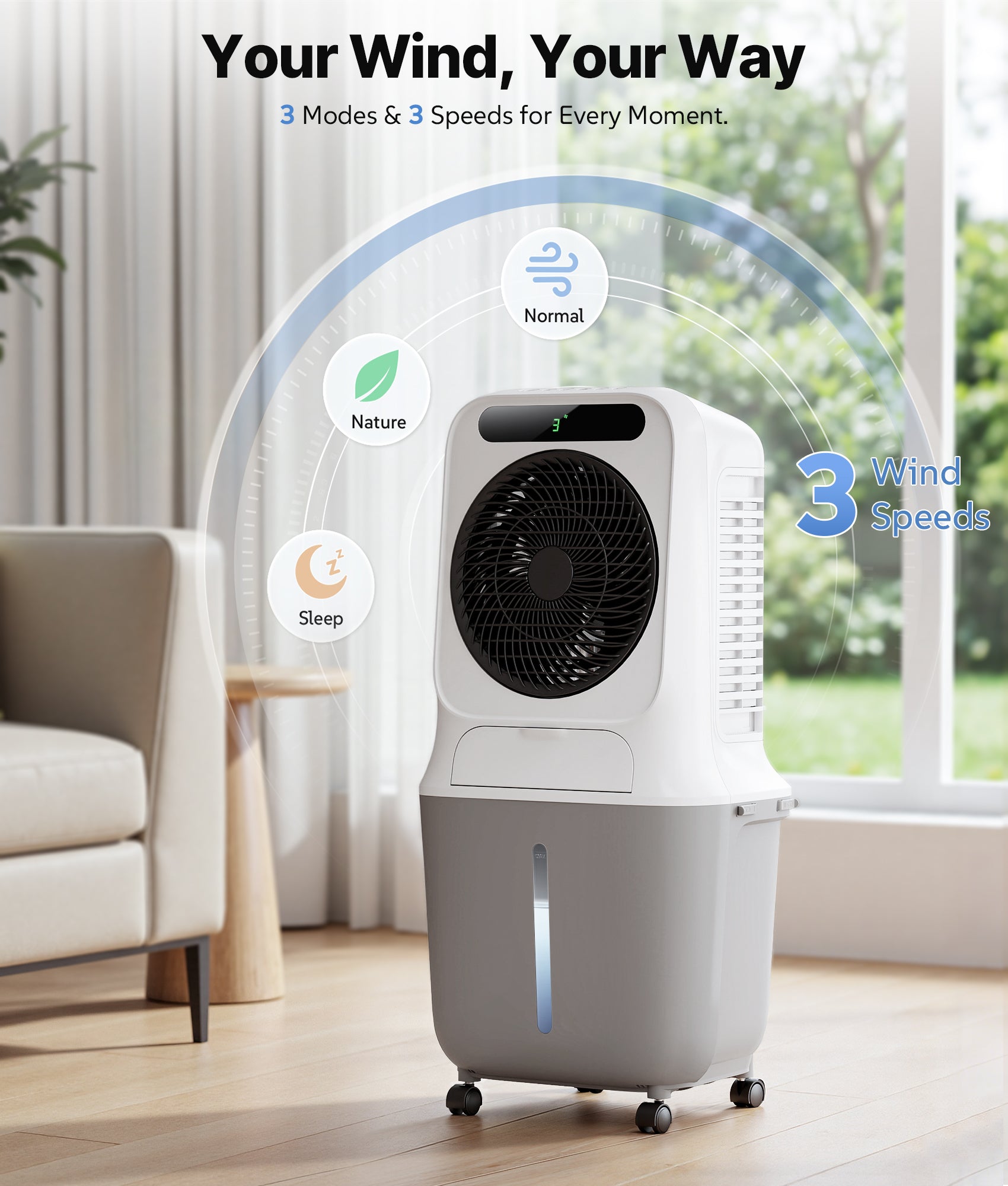 Portable air conditioner with fan in a room setting, showing three modes and speeds.