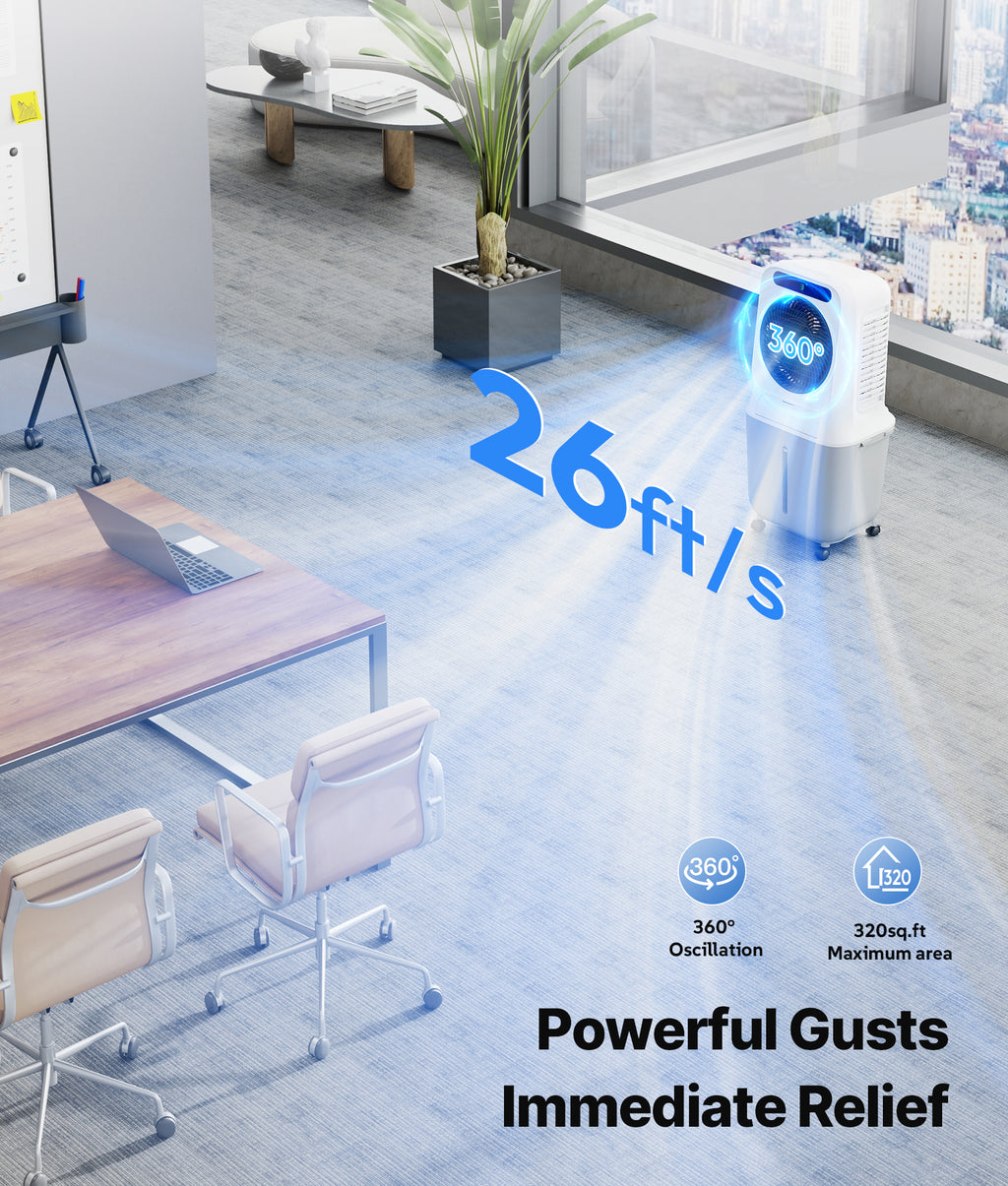 Air purifier in a modern office with text indicating air movement and features.