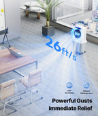 Air purifier in a modern office with text indicating air movement and features.